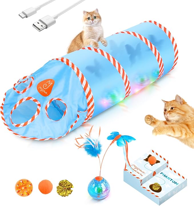Migipaws Cat Toys, Interactive Cat Toy for Indoor Cats,Upgraded Moving Shadow of Butterfly Feather Project on Cat Tunnel, Cardboard Box Toys, Rechargeable 2.0-Mewly Pet
