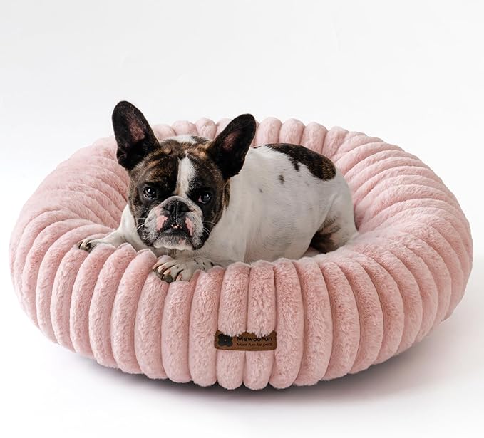 MEWOOFUN Donut Dog Beds for Small Dog, Calming Bed Round Cute Puppy Bed with Non-Slip Bottom, Fluffy Washable Pet Bed for Puppy and Kitten (Pink, M (30x30x8))-Mewly Pet