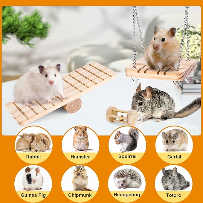 VESPRO Hamster Toys Set, Guinea Pig Toys Small Animal Chewing Toy and Rat Cage Accessories, Chinchillas, Gerbils, Rats, Rabbit Rodents Teeth Care, Apple Wood Timothy Hay Mouse Toy Swing Seesaw Bridge-Mewly Pet