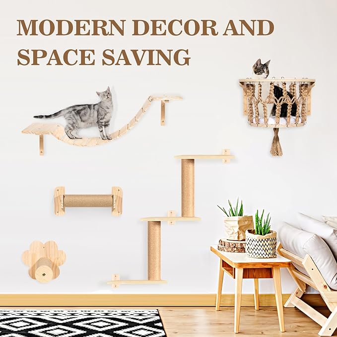 Cat Wall Shelves and Perches, Wall Mounted Cat Furniture with Hammock, Bridge, Tree, Steps and Scratching Posts, Wooden Climbing System for Indoor Large Cats and Kittens-Mewly Pet