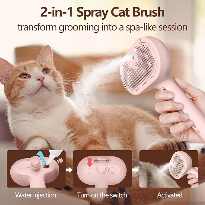 L&W BROS. Steam Grooming Brush for Shedding and Detangling – Self-Cleaning Steamy Pet Brush with Mist Spray for Long-Haired Cats and Small Dogs (Pink)-Mewly Pet