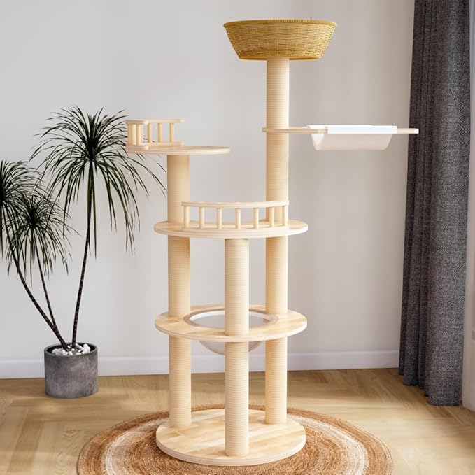 Modern Wood Cat Tree for Large Cats,Luxury Rattan Oak Cat Trees Towers，Rattan Cat Tree with Capsule &Hammock，3 Weaving Cat Nests & Washable, Sisal Scratching Posts, for Indoor Cats, (Large 02)-Mewly Pet