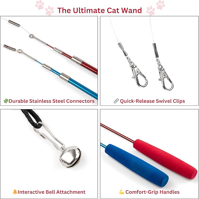 PAWSITIVE Interactive Cat Toys - Retractable Feather Wand with Refill Set 12PCS - Perfect for Indoor Cats to Chase, Exercise & Bond with Their Owners-Mewly Pet