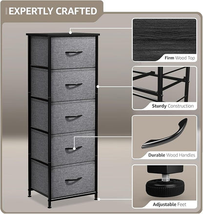 Sorbus Nightstand with 5 Drawers - Bedside Furniture & Night Stand End Table Dresser with Steel Frame, Wood Top, Easy Pull Fabric Bins for Home, Bedroom Accessories, Office & Dorm