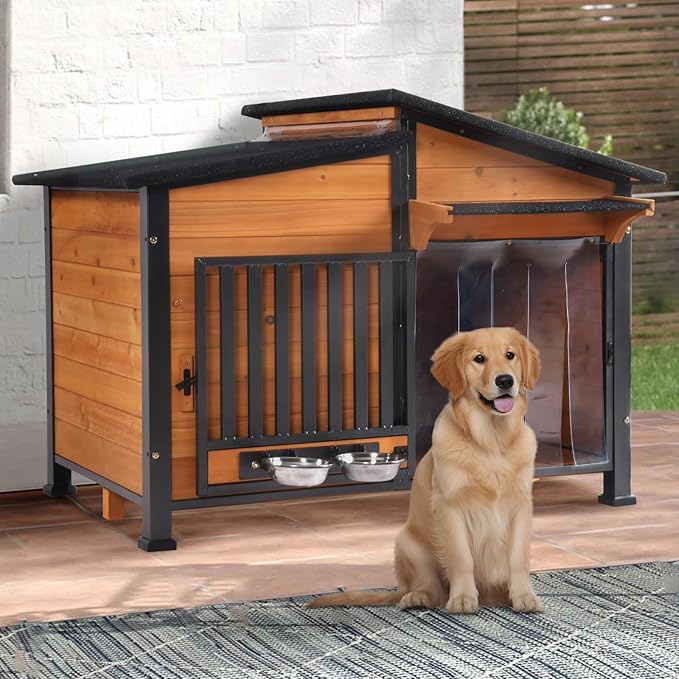Chew-Resistant Dog House with Metal Frame, Wooden Kennel for Indoor & Outdoor Use, Waterproof Roof & Feeding Bowls Included (Wood, L)-Mewly Pet