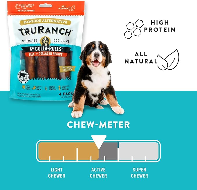 Collagen Rolls - 6" Collagen Rolls for Dogs - Long Lasting Healthy Joint Support Dog Treat - Rawhide Alternative - Skin & Coat Health - Made with Real Beef, 1 Bag, 4 Count-Mewly Pet