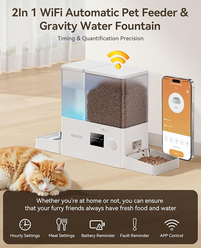 Rojeco 36Cups/8.5L WiFi Automatic Cat Feeder and Gravity Water Dispenser,Stainless Steel Bowls 2-in-1 Large Capacity 5L Food Dispenser with APP and 3.5L Water Fountain for Pets,Dogs,Puppies,Kittens-Mewly Pet