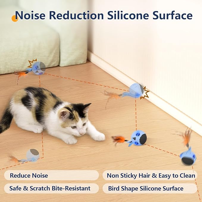 ORSDA Cat Toys, Interactive Cat Toy for Indoor Cats, Automatic Moving Ball Bird for Indoor Adult Cats Kitten Toys All Breeds, Fast Rolling Motion Activated Chirping Stimulating Light, 2 Feather Refill-Mewly Pet