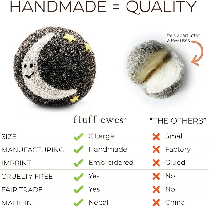 Fluff Ewes Wool Dryer Balls 6 Pack Premium New Zealand Wool Laundry Balls for Dryer, No Static Dryer Balls Laundry Reusable, XL Wool Dryer Balls Cute, Baby Dryer Balls for Dryers - Rainbow or Shine-Mewly Pet