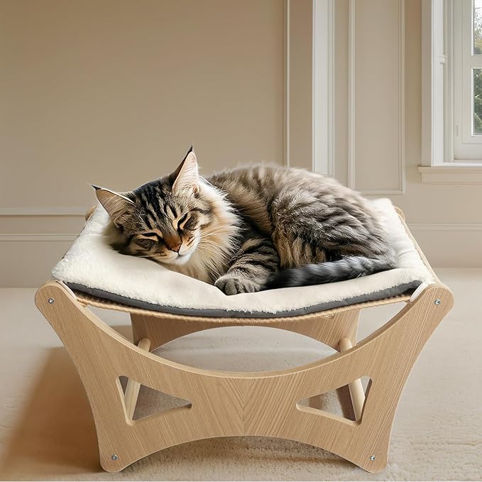 Cat Hammock Bed, Wooden Elevated Cat Beds with Natural Sisal Scratching Mat, Cats Scratcher Bed with Removable Soft Cushion, Cats Scratching Beds with Wood Frames, 22" L x 17.7" W-Mewly Pet