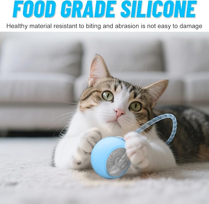 Interactive Cat Toy Ball for Indoor Cats with Mesh Tail & Foils, Automatic Rolling Three Modes Agile Moving Cat Ball to Keep Them Busy Rechargeable, Blue-Mewly Pet