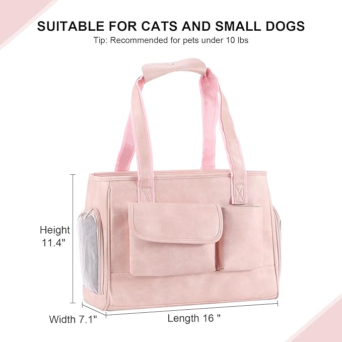 Dog Carrier Purse, Fashion Leather Pet Carrier Bag, Airline Approved Soft Sided Cat Travel Tote Bag with Pockets Pink-Mewly Pet