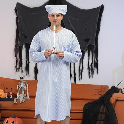 Toulite 4 Pcs Men's Pajama Set Includes Men's Nightshirt Night Sleeping Cap Candle Holder and Candle for Halloween Christmas(Large)