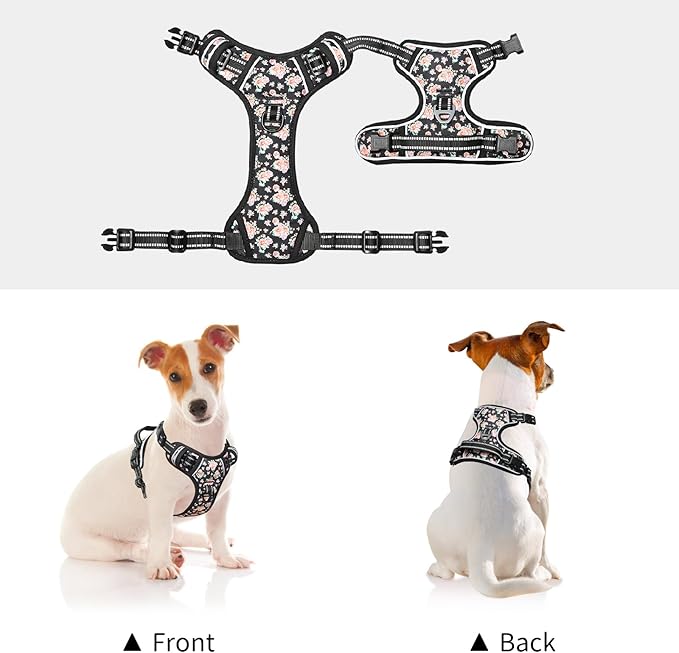 Timos Dog Harness, 3 Snap Buckles No-Pull Soft Padded Dog Vest with 2 Metal Leash Clips,Adjustable Reflective No Choke Pet Harness with Easy Control Handle for Small Dogs,Black Rose,S-Mewly Pet