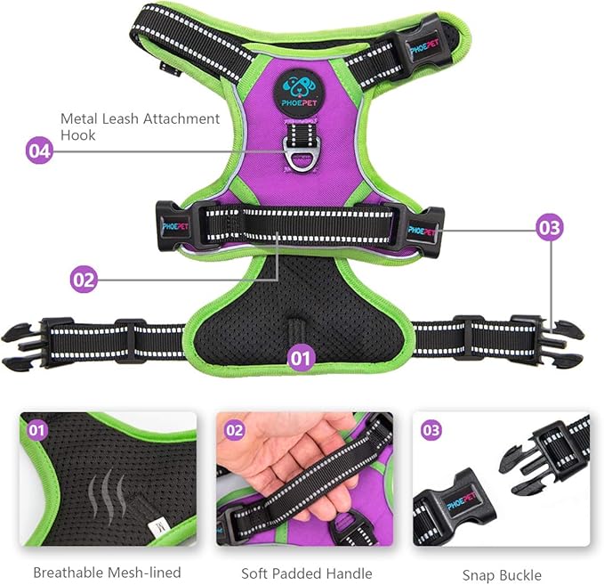 PHOEPET 2019 No Pull Dog Harnesses for Small Dogs Reflective Adjustable Front Clip Vest with Handle 2 Metal Rings 3 Buckles [Easy to Put on & Take Off](XS, Purple)-Mewly Pet