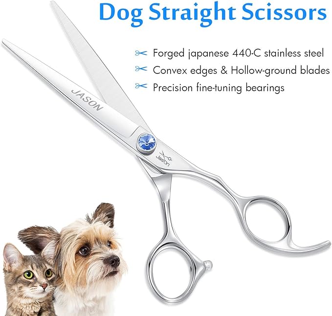 JASON 7" Straight Dog Grooming Scissors, Ergonomic Pets Grooming Shears, Premium Cats Trimming Kit with Offset Handle and Jewelled Screw, Sharp, Comfortable-Mewly Pet