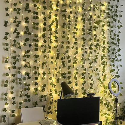 RECUTMS 118 Inches Plant Garland Hanging Vines with Lights LED Strings Artificial Ivy Fake Greenery Leaf Plants Faux Silk Green Leaves Plastic Flower for Party Room Patio Wall Bedroom Outdoor Decor