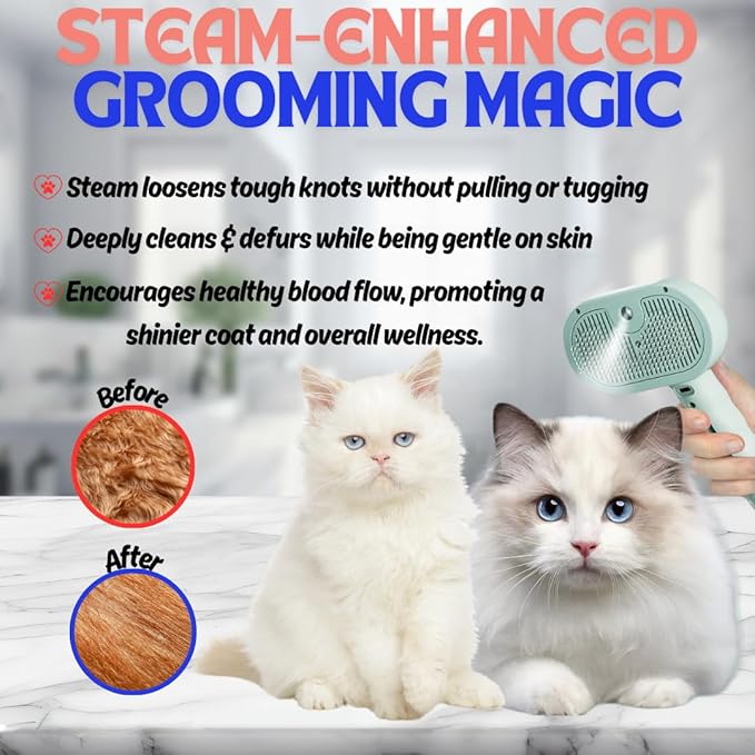 Pet Steam Brush for Cats Dogs, 3-in-1 Cat Grooming Tool with Water Spray and Quick Hair Release Button, Hair Removal Comb for Shedding, Steamy Brush (Pink)-Mewly Pet
