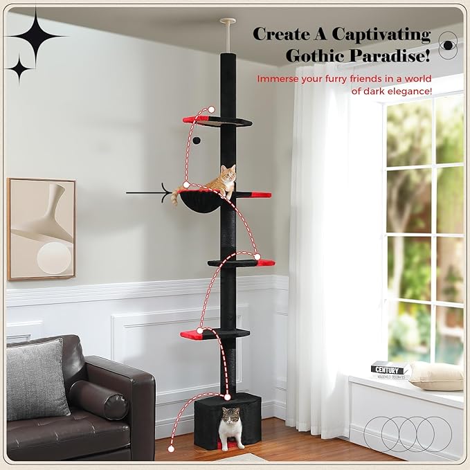 PAWZ Road Gothic Cat Tree, Floor to Ceiling Cat Tower with Adjustable Height (86.8-120 Inches), 5 Tiers Black Cat Condo with Cozy Hammock, Fully Scratching Posts and Dangling Balls for Indoor Cats-Mewly Pet