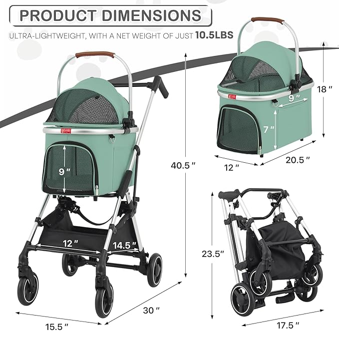 MoNiBloom Pet Stroller for Small/Medium Dogs w/Detachable Carrier & Lightweight Aluminum Frame, Folding Jogging Travel Stroller, Mint Green-Mewly Pet
