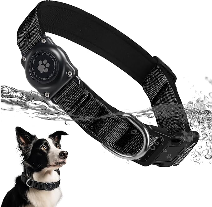 Upgraded AirTag Dog Collar, IP68 Waterproof Air Tag Dog Collar Holder, Reflective, Ultra-Durable, Comfortable Padded, Heavy Duty Dog Collars for Small Medium Large Dogs (L (14.8"-20.3"), Black)-Mewly Pet