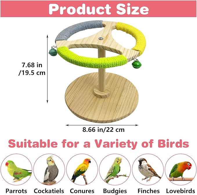PINVNBY Bird Stand Perch Toy Wooden Spinning Parrot Perch with Cotton Rope and Bell Interactive Cockatiel Toy Bird Cage Accessories for Parakeets Conures Budgies Finches Lovebirds-Mewly Pet