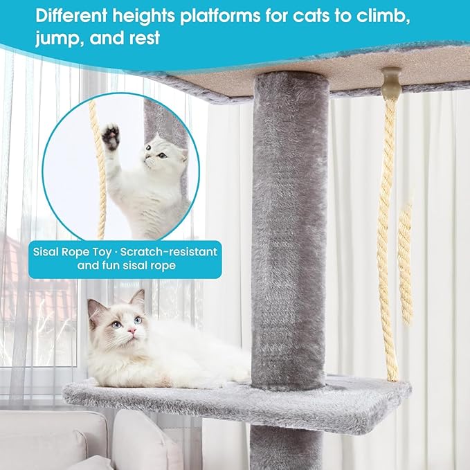 Cat Tree 5-Tier Floor to Ceiling, 89-109 Inch Adjustable Height Cat Tower with Cozy Hammock, Cat Climbing Tree for Indoor Cats, Gery-Mewly Pet