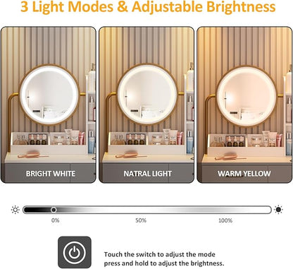 Makeup Vanity with Round Mirror and Lights, White Vanity Makeup Table with Charging Station, Small Vanity Table for Bedroom, 3 Lighting Modes, 31.5in(L)