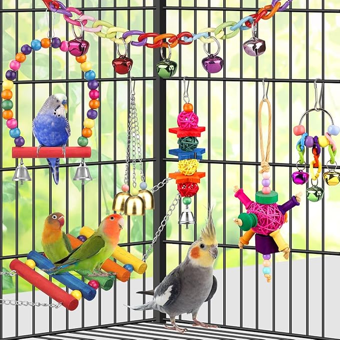 Bird Toys for Conures with Colorful Ladder Hammock Bird Cage Accerious Bird Perch Stand Chewing Toys Hanging Bell for Parrot Parakeet Cockatiel Lovebirds-Mewly Pet