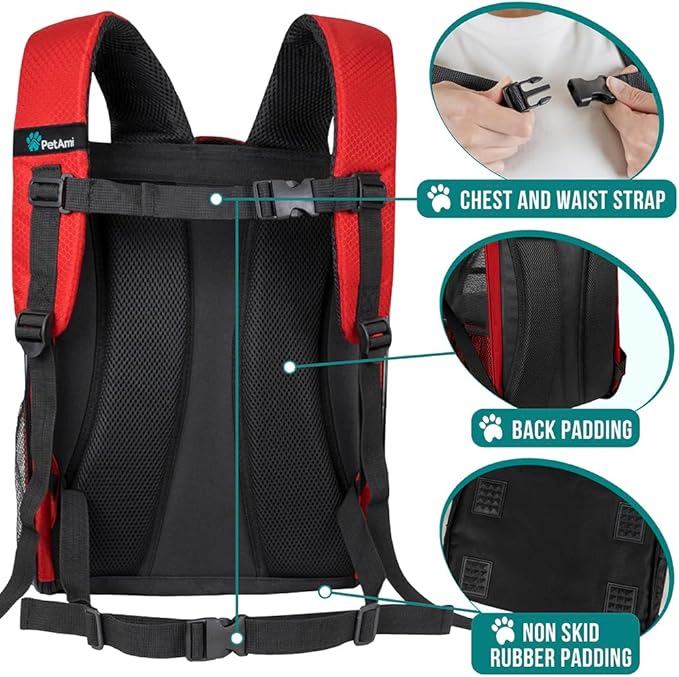 PetAmi Dog Backpack Carrier for Small Large Cat, Pet, Puppy, Ventilated Pet Hiking Backpack Travel Bag, Airline Approved Cat Backpack Carrier, Camping Biking Dog Bag Up to 18lbs Pet, Red-Mewly Pet