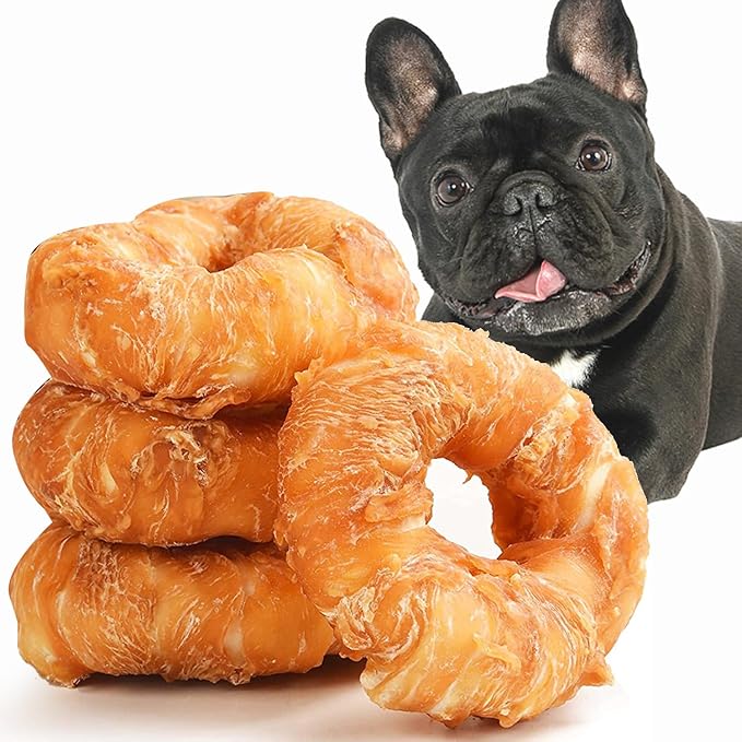 ASMPET Dog Treats Chews, Chicken Wrapped Rawhide Donuts Dental Care Chews for Small Medium Large Breed Aggressive Chewers (Pack of 4)-Mewly Pet
