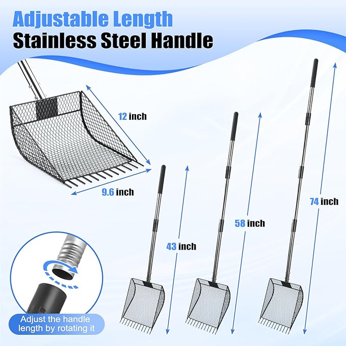 CAROD Chicken Poop Scooper & Rake 2-in-1, Metal Chicken Coop Scoop for Poop with 24 to 68" Adjustable Stainless Steel Handle, Litter Scooper Sand Sifting Shovel Chicken Coops/Animals House-Mewly Pet