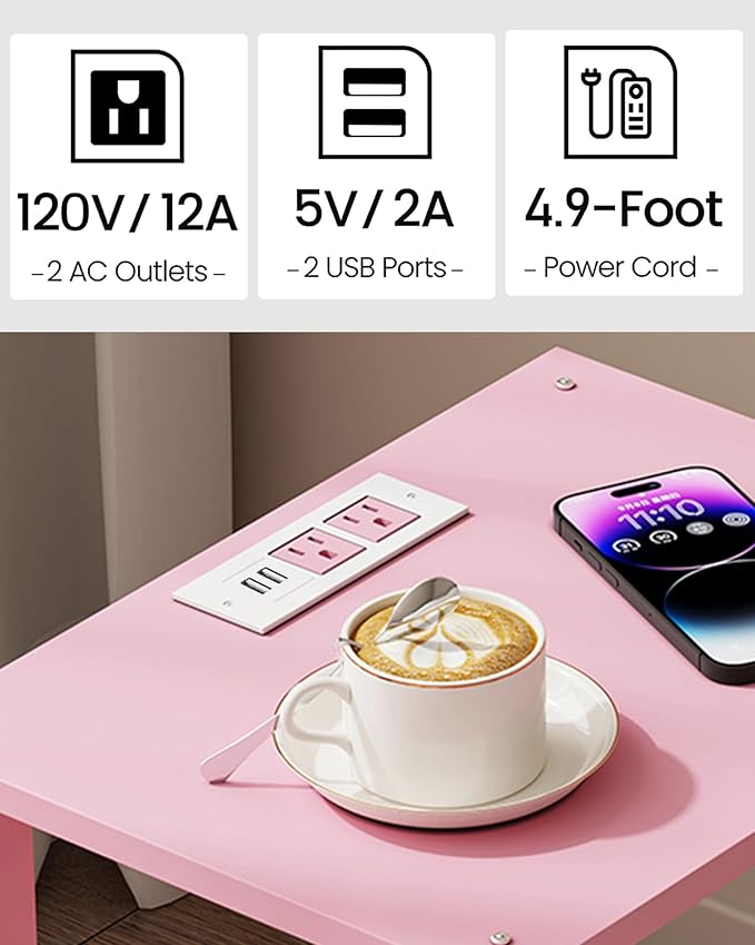 TUTOTAK End Table with Charging Station, Small Side Table with Outlets, Nightstand Bedside Table, 2-Tier Storage Shelf for Small Space, Living Room, Bedroom, Pink TB01BP040