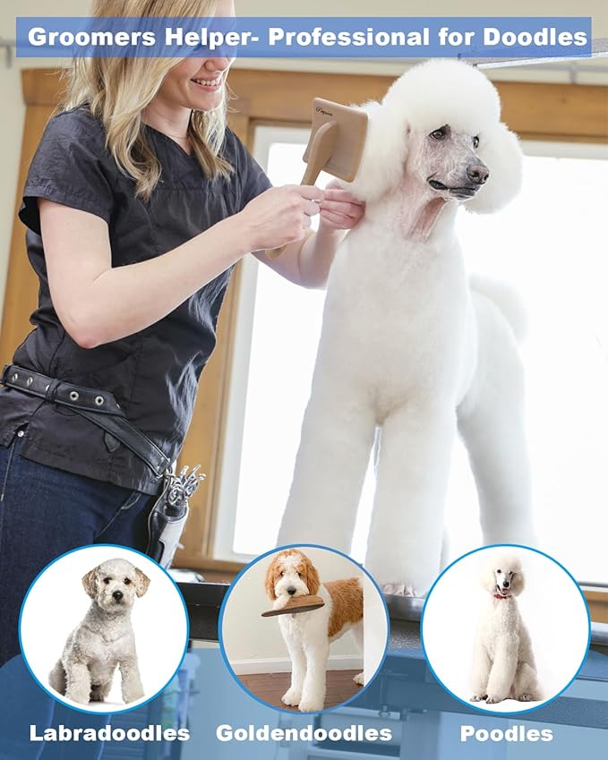 Dog Slicker Brush for Large Dogs, Professional Doodles Brush for Poodles, Goldendoodles and Labradoodles - Easy to Remove Tangles, Mats and Fluff - 3.8"x3.2" Head, 8" Wood Body-Mewly Pet