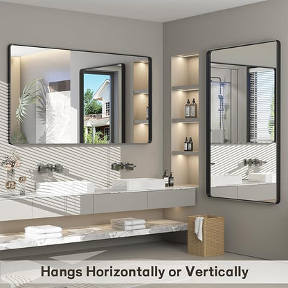 60x28 Black Bathroom Wall Mirror, Black Matal Framed Mirror, Matte Rectangle Bathoom Vanity Mirror, Anti-Rust, Shatterproof, Hangs Vertically or Horizontally