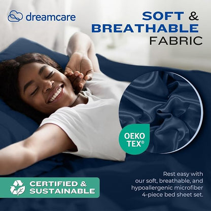 DREAMCARE King Size Sheets Set – 4 pcs Cooling Sheets – up to 21” Deep Pocket King Sheet Set – Hotel Luxury Sheets & Pillowcases – Superior Softness 100% Fine Microfiber with Side Pocket – Navy Blue