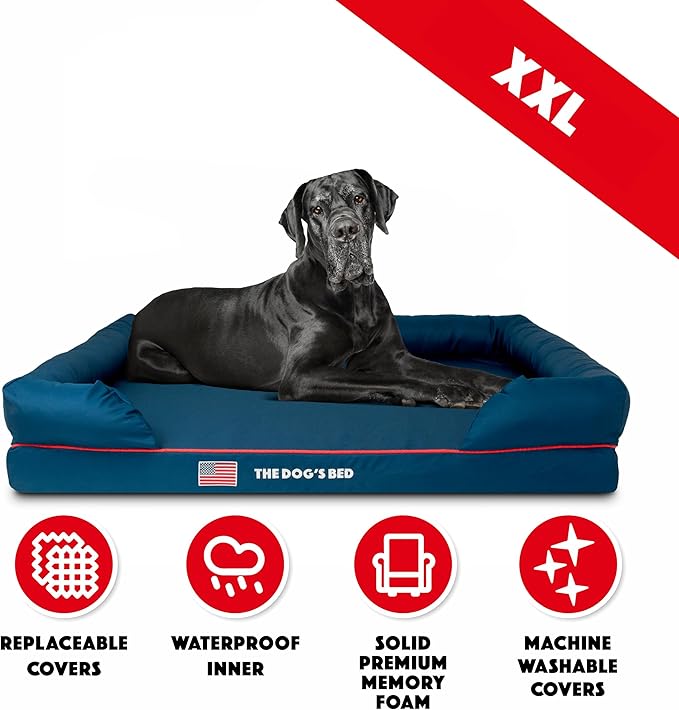 The Dog’s Bed, XXL Blue Oxford with Red Trim USA Flag Dog Bed 51.5x39, Memory Foam, Pain Relief: Arthritis, Post Surgery, Lameness, Supportive, Calming, Waterproof Washable Cover, Veterinary Approved-Mewly Pet