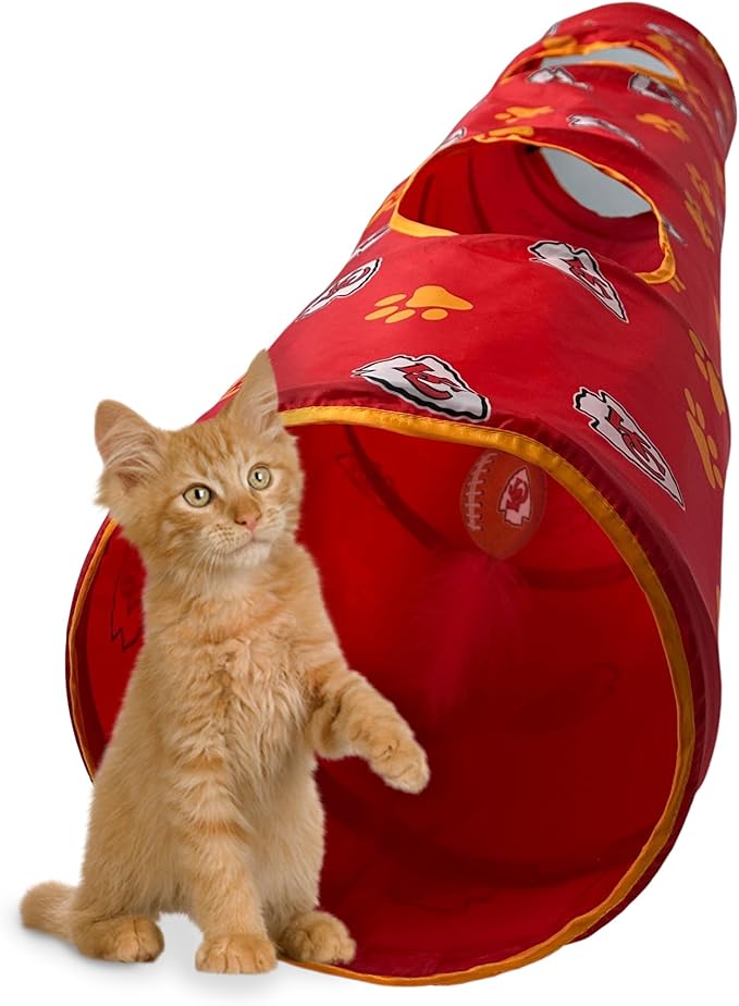 NFL Kansas City Chiefs Cat Tunnel Tube Toy with Plush Football Catnip and Feathers Collapsible Tunnel for Cats to Play, Peek and Hide, Sporty & Fun Cat Tunnel Toy with Team Logo All-Over Design!-Mewly Pet