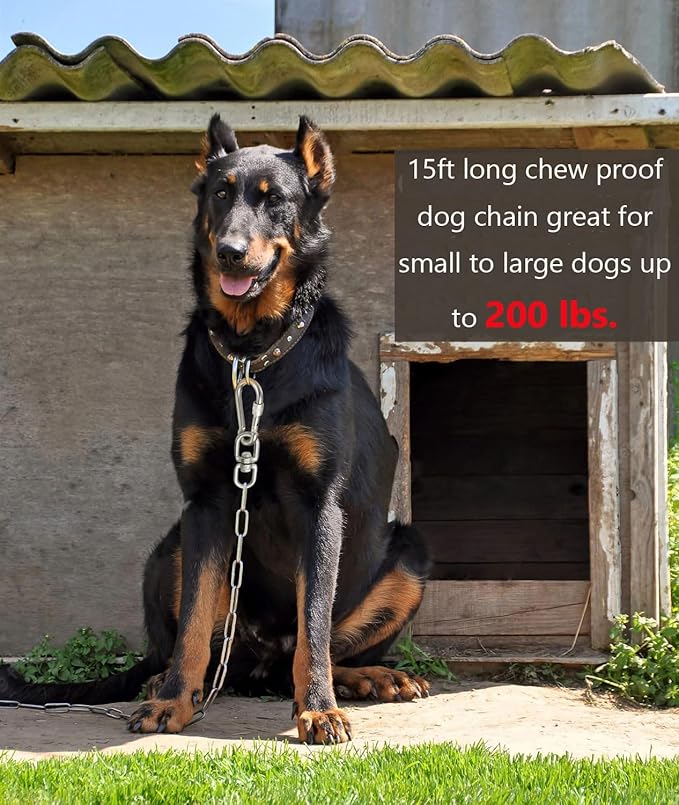 15 ft Dog Chains for Outside - Heavy Duty Tie Out Chain Leash Great for Small to Large Dogs Up to 200Lbs - Chew Proof Long Chain for Yard Camping or Travel (15ft Without Spring)-Mewly Pet