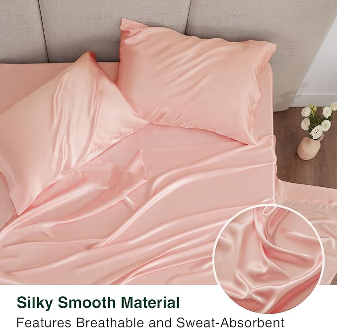 Love's cabin Full Size Satin Sheet Sets - 4 Piece Coral Silky Satin Sheet Set Full with Deep Pocket, Luxury Silk Feel Satin Bed Sheets Full Bedding Set (1 Flat Sheet,1 Fitted Sheet,2 Pillow Cases)
