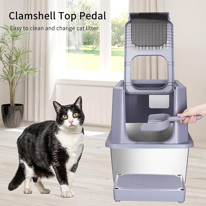 RIZZARI Stainless Steel Cat Litter Box, Odorless Enclosed Litter Box with Top Holes, Large Litter Pan for Small to Large Sized Cats (Cool Gray, 23.8" L*15.9" W*18" H)-Mewly Pet