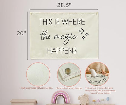 Boho Rectangular Banner Flag Wall Sign Decor Gift for Baby Boy Girl Kids,Nursery Baby Room Bedroom Living Room Office Decor-This Is Where the Magic Happen-Baby,Shower Birthday Christmas Gift