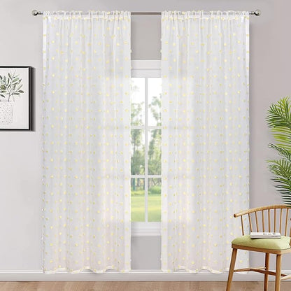MYSKY HOME Curtains for Bedroom Yellow Pom Pom Curtains for Living Room 72 Inch Length Long Doorway White Sheer Curtains for Nursery Teens Kids Room Set of 2 Rod Pocket Farmhouse 52 x 72 in