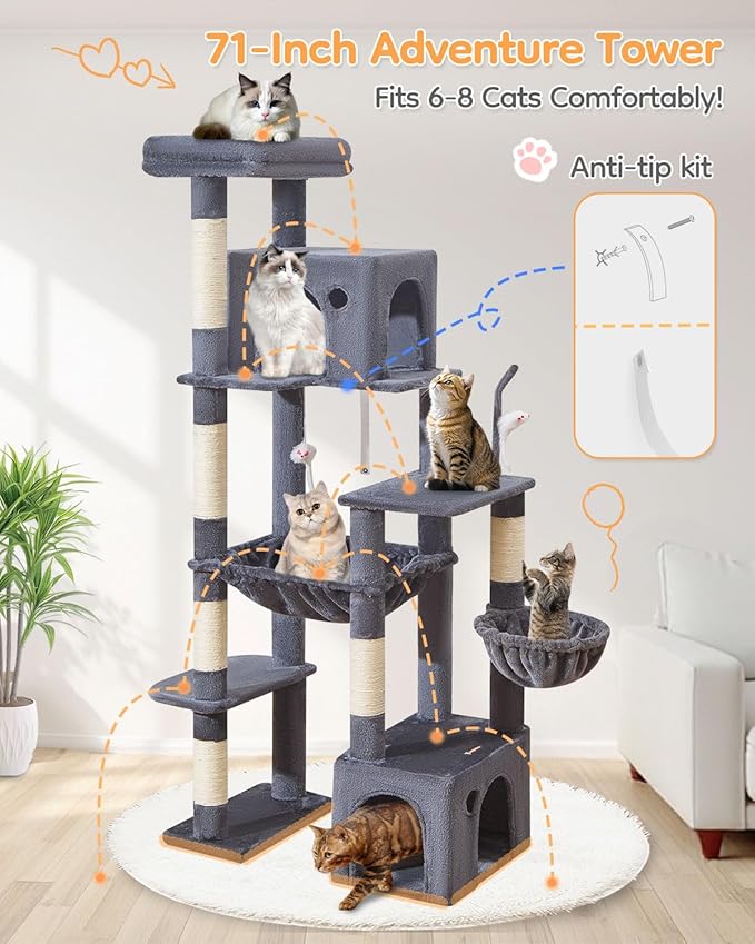 Taoqimiao Heavy Duty Cat Tree for Large Cats 20lbs+, 71 Inches Tall Cat Tower, 2 Cat Condo with 6 Scratching Posts, Super Large Hammcock, Cat Toys, Cozy Basket, Smoky Gray, MS037G-Mewly Pet