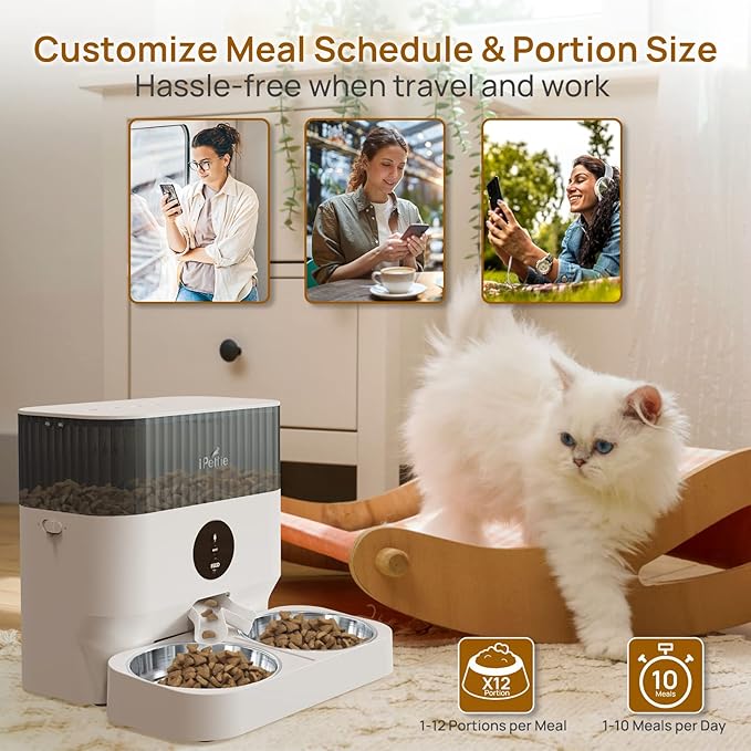 iPettie Automatic WiFi Pet Feeder for 2 Pets, 5L/21 Cup Capacity, 1-10 Meals Per Day, Adjustable Bowl Height, Smart Dog Cat Feeder with 2 Stainless Steel Bowls, Voice Recording, 2.4G WiFi App Control-Mewly Pet