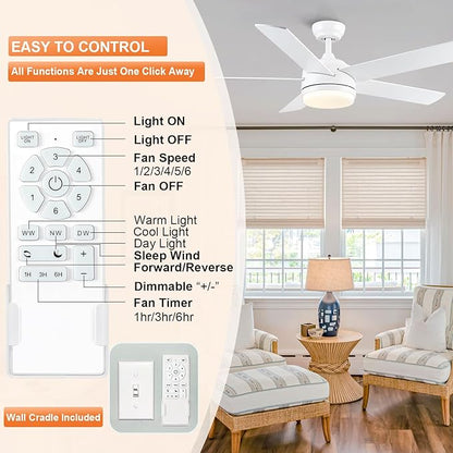 YUHAO 52 Inch White Ceiling Fan with Light and Remote Control.Noiseless,Dimmable,3CCT,6 Speeds Reversible, DC Ceiling Fans for Indoor or Covered Outdoor