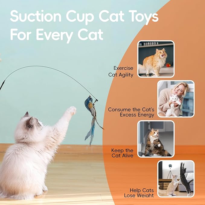 Interactive Bird Simulation Cat Feather Toy Set Cat Retractable Wand Toys Suction Cups Base,Include Detachable 7 Pcs Replacements Feathers Toys-Mewly Pet