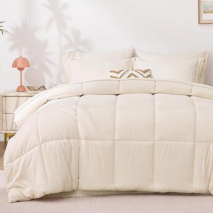 Love's cabin Twin Comforter Set Beige, 5 Pieces Twin Bed in a Bag, All Season Bedding Sets with 1 Comforter, 1 Flat Sheet, 1 Fitted Sheet, 1 Pillowcase and 1 Pillow Sham