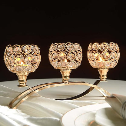 Crystal Tealight Candle Holder Centerpiece Home Decorative Candlestick Holder Elegant Table Centerpiece Home Decor Wedding Party Anniversary (Gold, 3 Arm)