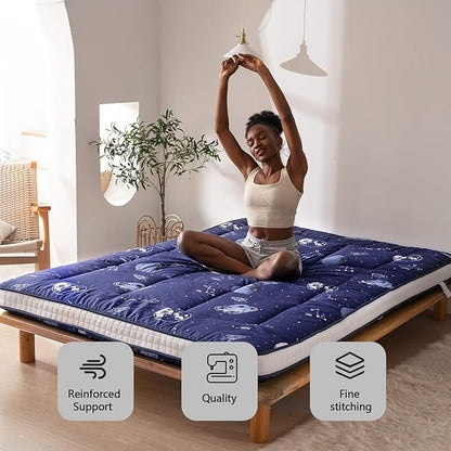 MAXYOYO Navy Space Adventure Futon Mattress, Padded Japanese Floor Mattress Quilted Bed Mattress Topper, Extra Thick Folding Sleeping Pad Floor Lounger Guest Bed for Camping Couch, Twin Size